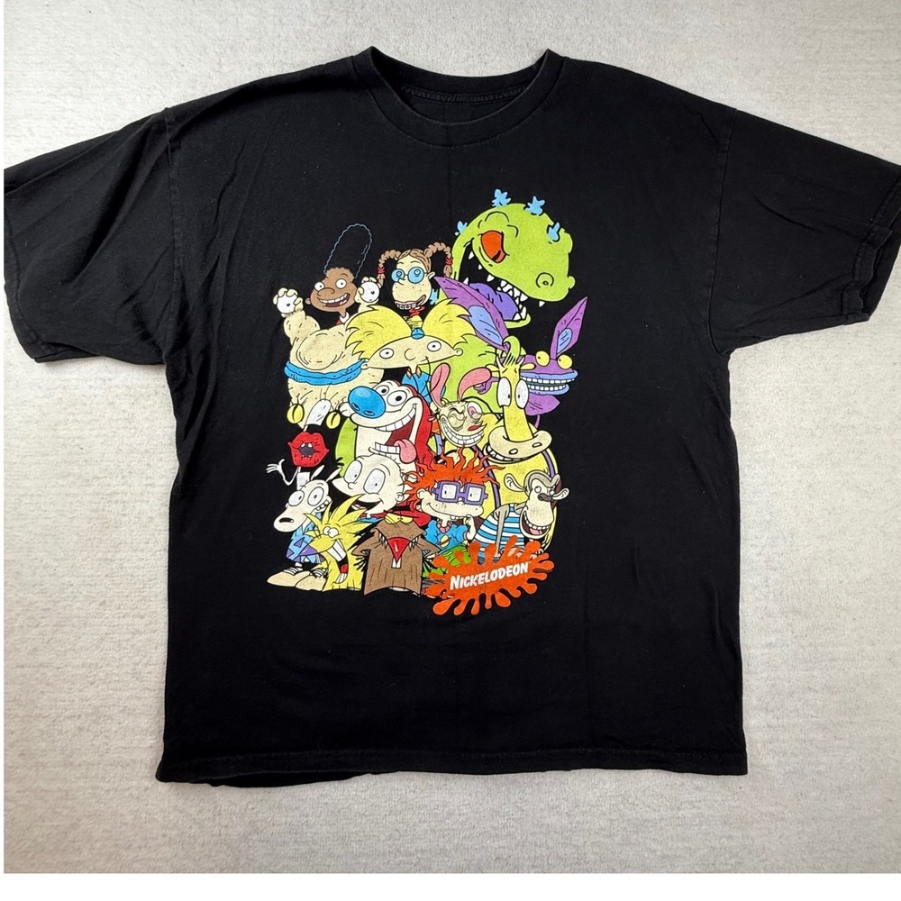 Nickelodeon Mens Large Black 90s Cartoon Graphic T-Shirt Rugrats Hey Arnold 2020